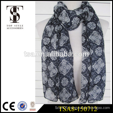 black and white silk feel digital printed scarves big flower 100% polyester scarf